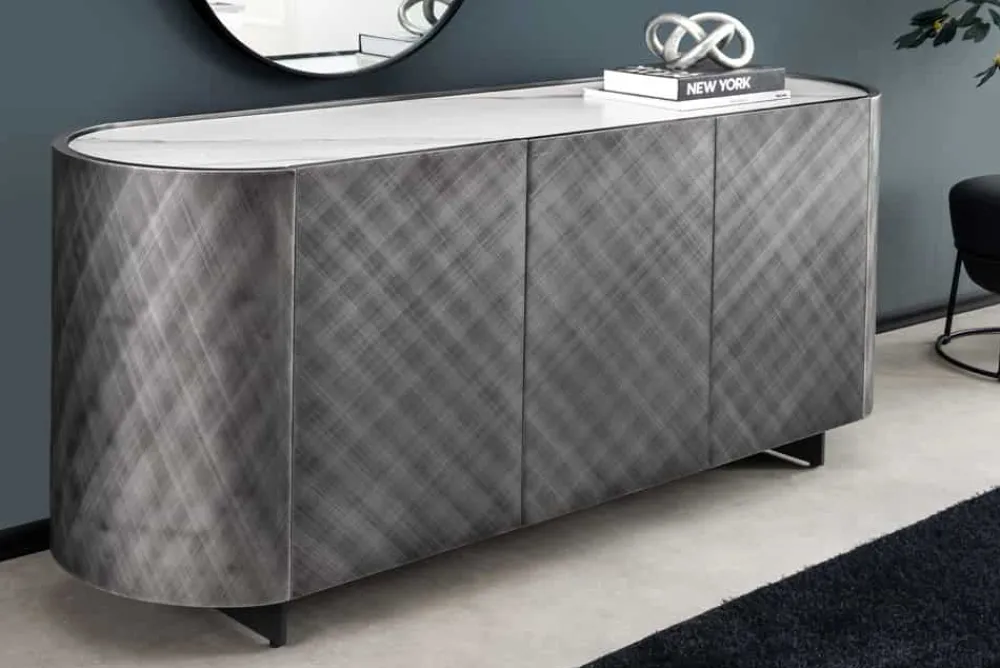 Riess-Ambiente Retro Möbel|Sideboards & Kommoden > Design Sideboard REFLECTION 150cm weiß Keramik Marmor anthrazit 3D Effekt brushed Finish
