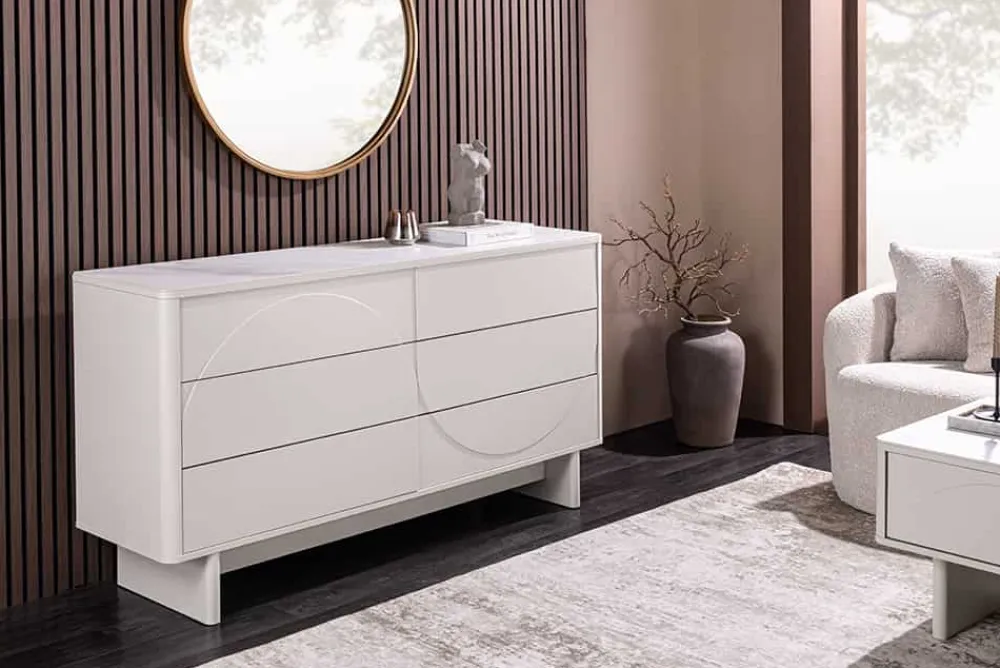 Riess-Ambiente Sideboards & Kommoden > Design Sideboard SAVOY 150cm kaschmir weiß Marmor Keramik mit sechs Schubladen