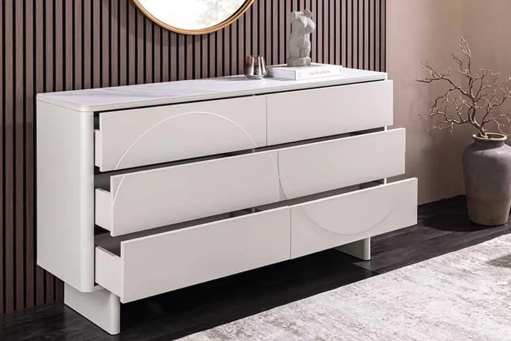 Riess-Ambiente Sideboards & Kommoden > Design Sideboard SAVOY 150cm kaschmir weiß Marmor Keramik mit sechs Schubladen