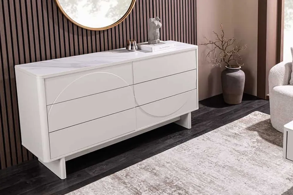 Riess-Ambiente Sideboards & Kommoden > Design Sideboard SAVOY 150cm kaschmir weiß Marmor Keramik mit sechs Schubladen