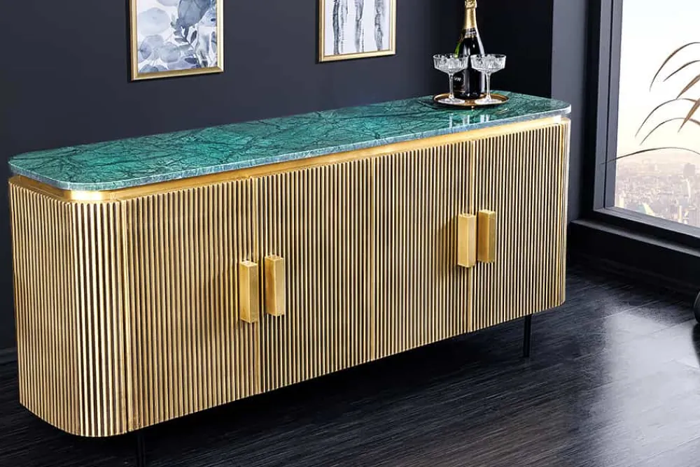 Riess-Ambiente Mehr...|Sideboards & Kommoden > Design Sideboard VENEZIANO 160cm messing grün Marmorplatte Mangoholz Retro