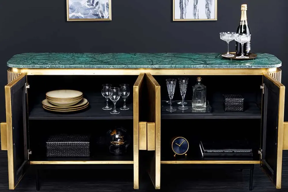 Riess-Ambiente Mehr...|Sideboards & Kommoden > Design Sideboard VENEZIANO 160cm messing grün Marmorplatte Mangoholz Retro
