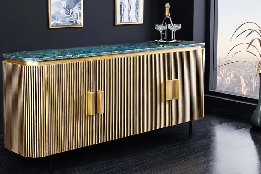 Riess-Ambiente Mehr...|Sideboards & Kommoden > Design Sideboard VENEZIANO 160cm messing grün Marmorplatte Mangoholz Retro
