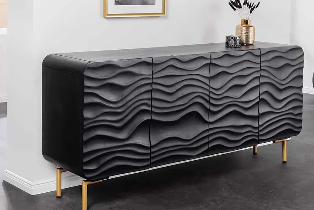 Riess-Ambiente Goldene Möbel|Retro Möbel > Design Sideboard WAVE 160cm schwarz Mangoholz Massivholz mattgold Metallbeine