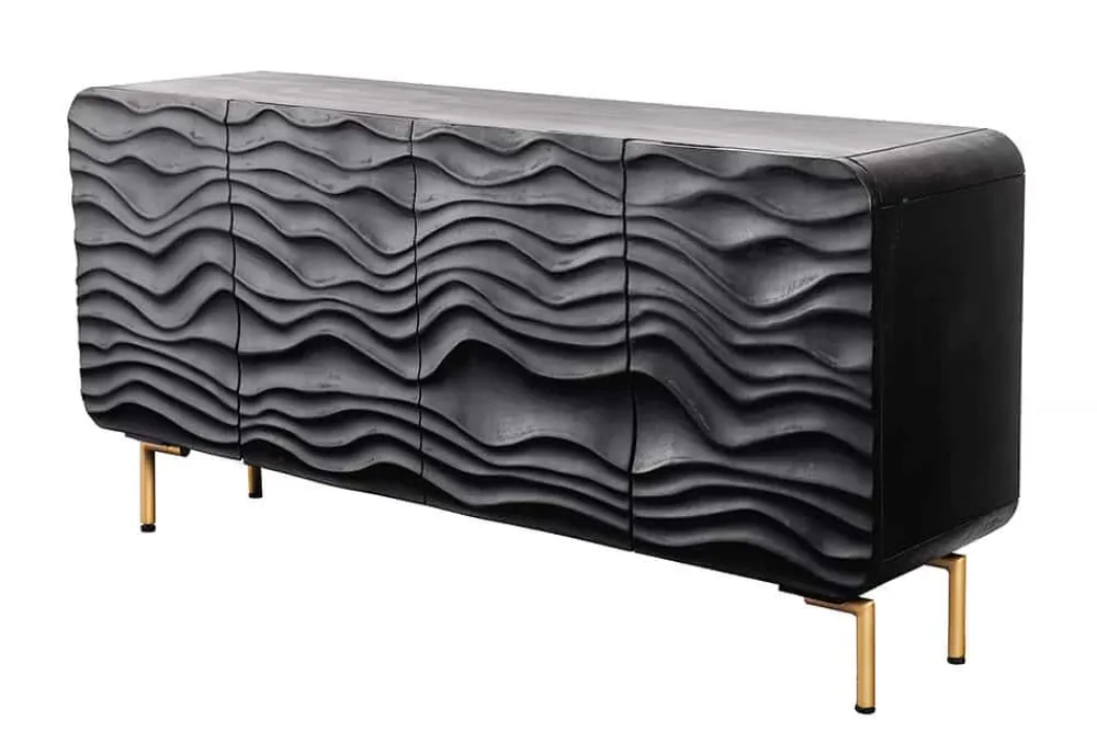 Riess-Ambiente Goldene Möbel|Retro Möbel > Design Sideboard WAVE 160cm schwarz Mangoholz Massivholz mattgold Metallbeine