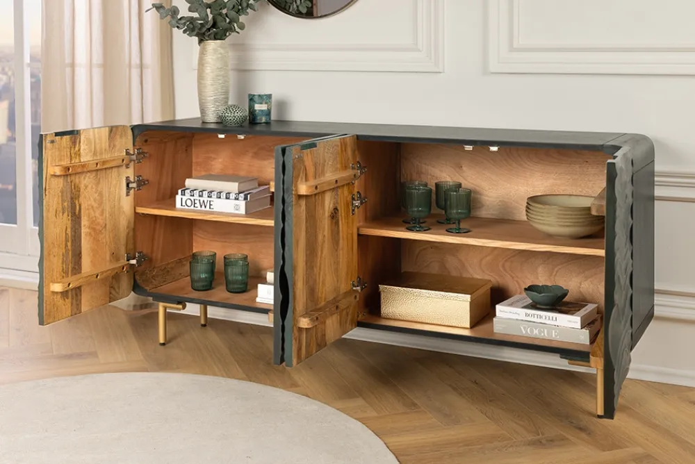 Riess-Ambiente Mehr...|Retro Möbel > Design Sideboard WAVE 160cm türkis Mangoholz Massivholz mattgold Metallbeine