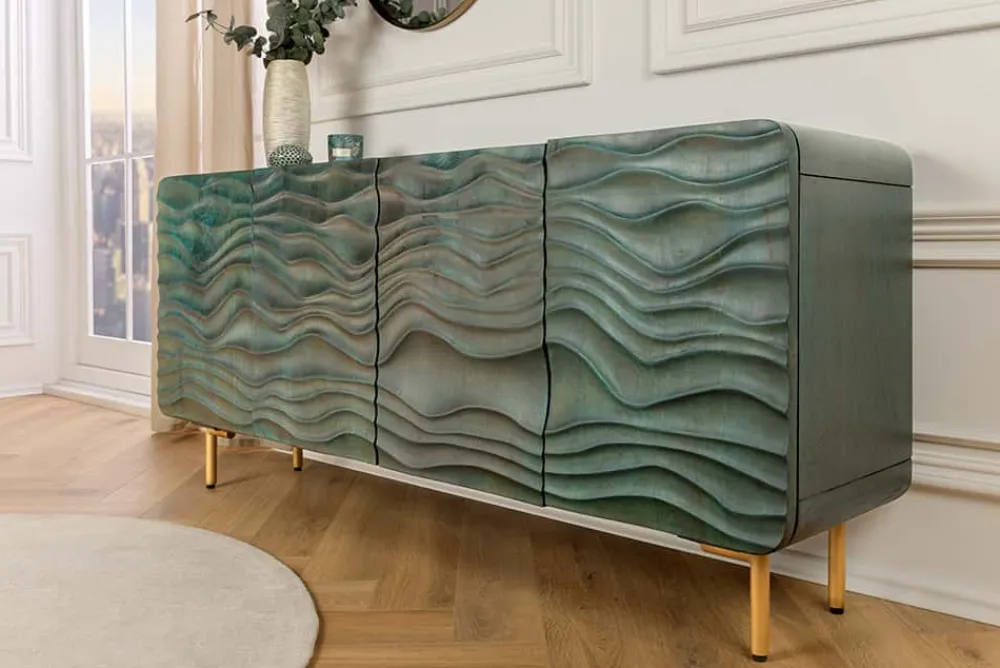Riess-Ambiente Mehr...|Retro Möbel > Design Sideboard WAVE 160cm türkis Mangoholz Massivholz mattgold Metallbeine