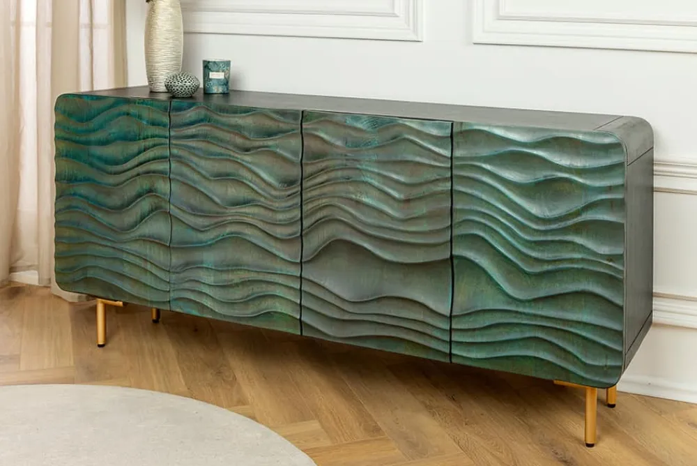 Riess-Ambiente Mehr...|Retro Möbel > Design Sideboard WAVE 160cm türkis Mangoholz Massivholz mattgold Metallbeine
