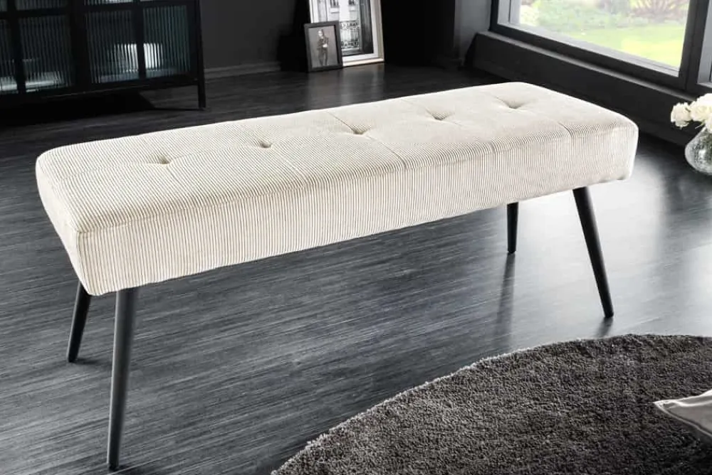 Riess-Ambiente Sitzbänke > Design Sitzbank BOUTIQUE 100cm beige Cord schwarze Metallbeine Polsterbank
