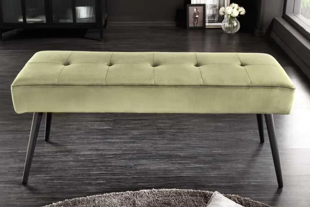 Riess-Ambiente Skandinavisch|Sitzbänke > Design Sitzbank BOUTIQUE 100cm grün Samt schwarze Metallbeine