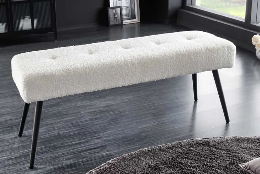 Riess-Ambiente Sitzbänke > Design Sitzbank BOUTIQUE 100cm weiß Bouclé schwarze Metallbeine Polsterbank