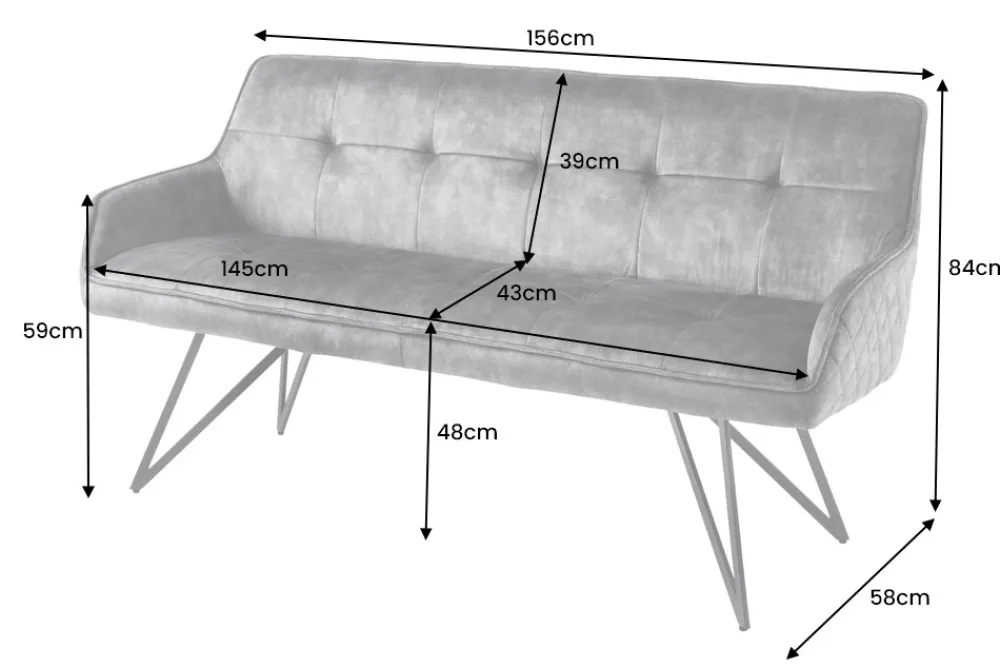 Riess-Ambiente Sitzbänke|Samt Möbel > Design Sitzbank EUPHORIA 160cm dunkelgrau Samt Retrostil Ziersteppung Hairpin Legs Metallbeine Armlehnen