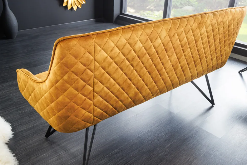 Riess-Ambiente Sitzbänke|Samt Möbel > Design Sitzbank EUPHORIA 160cm senfgelb Samt Retrostil Ziersteppung Hairpin Legs Metallbeine Armlehnen