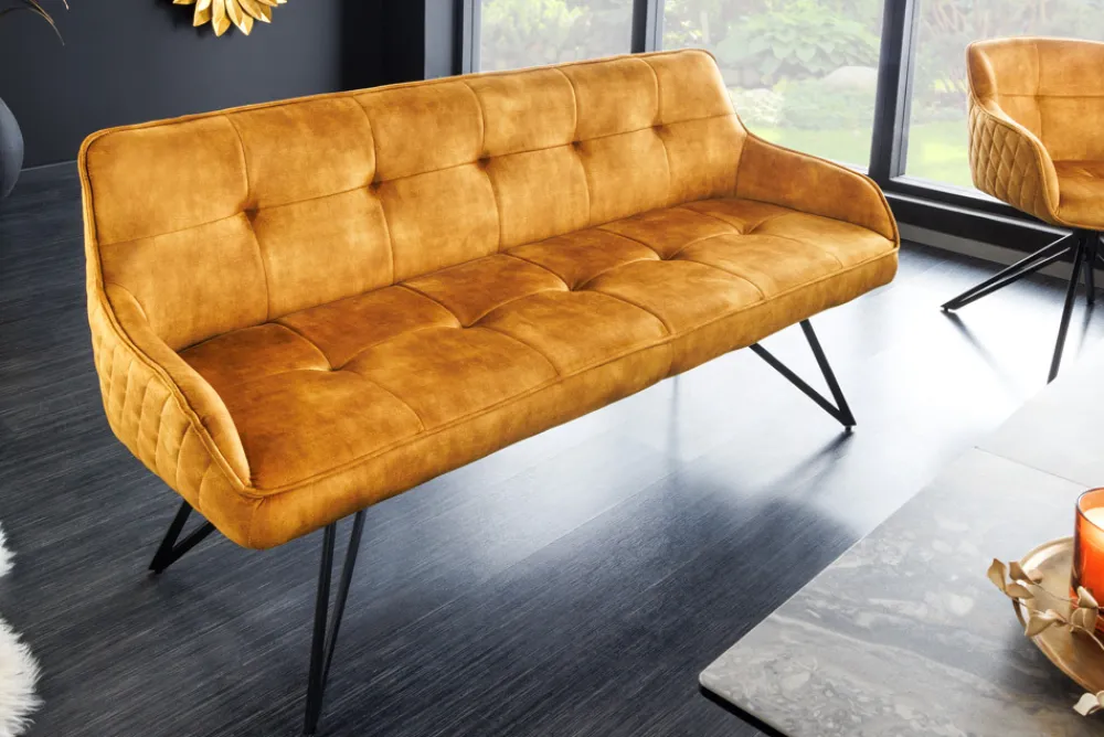 Riess-Ambiente Sitzbänke|Samt Möbel > Design Sitzbank EUPHORIA 160cm senfgelb Samt Retrostil Ziersteppung Hairpin Legs Metallbeine Armlehnen
