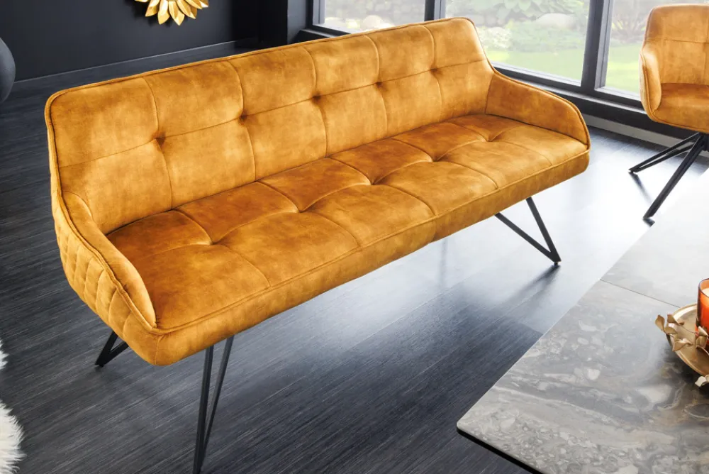 Riess-Ambiente Sitzbänke|Samt Möbel > Design Sitzbank EUPHORIA 160cm senfgelb Samt Retrostil Ziersteppung Hairpin Legs Metallbeine Armlehnen