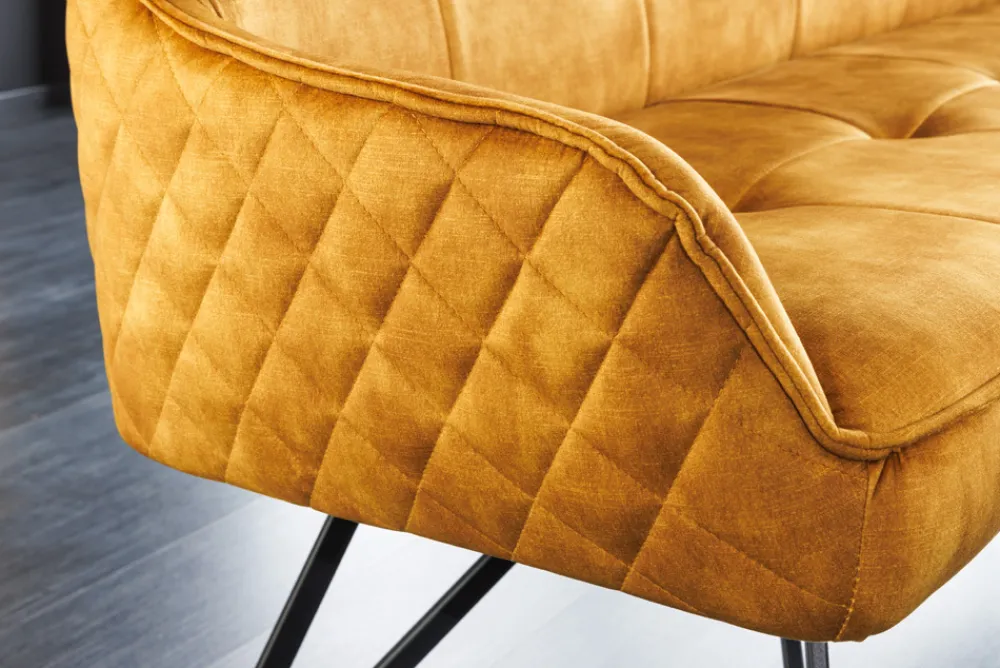 Riess-Ambiente Sitzbänke|Samt Möbel > Design Sitzbank EUPHORIA 160cm senfgelb Samt Retrostil Ziersteppung Hairpin Legs Metallbeine Armlehnen