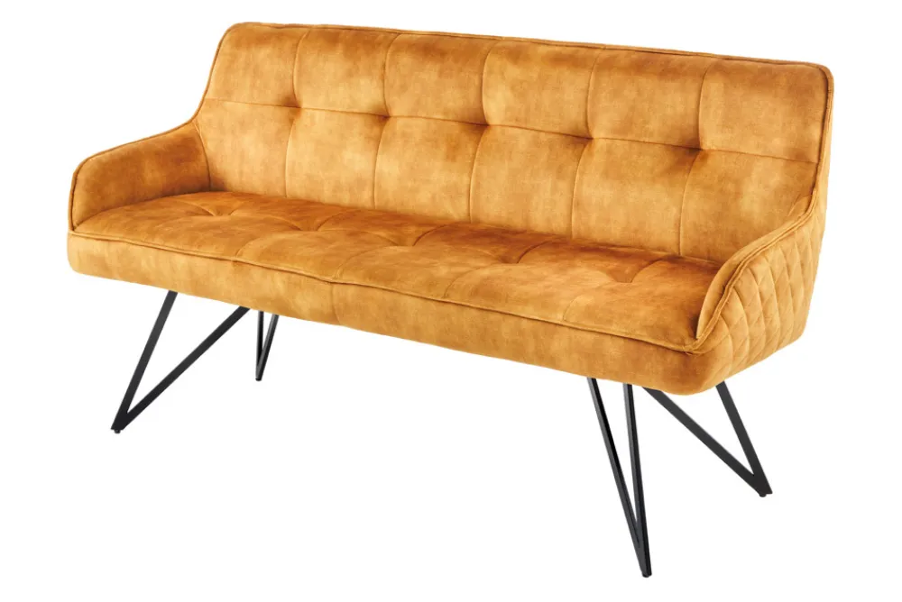 Riess-Ambiente Sitzbänke|Samt Möbel > Design Sitzbank EUPHORIA 160cm senfgelb Samt Retrostil Ziersteppung Hairpin Legs Metallbeine Armlehnen