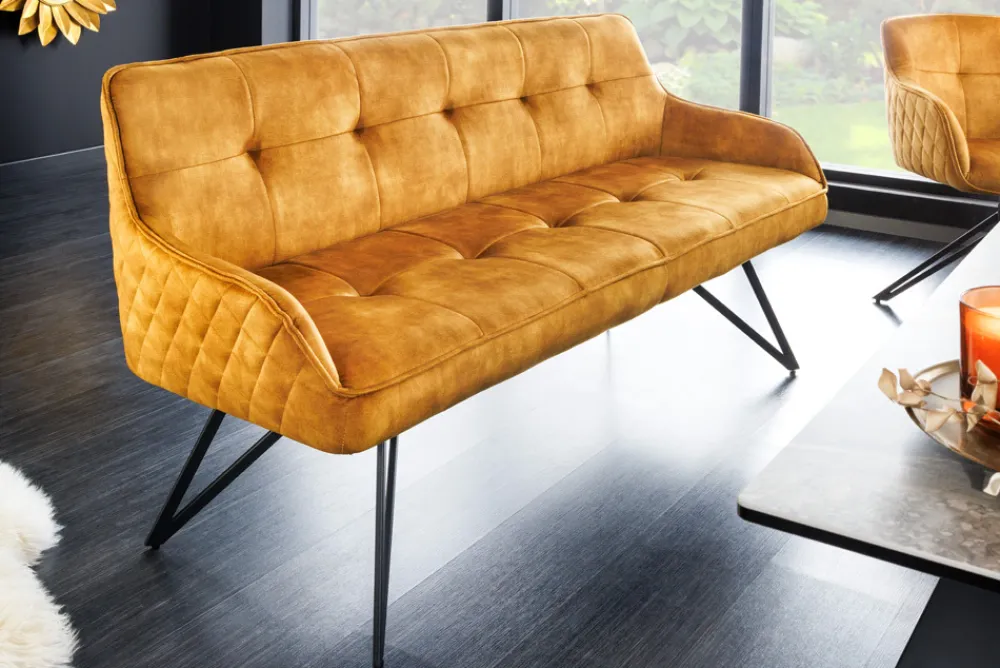 Riess-Ambiente Sitzbänke|Samt Möbel > Design Sitzbank EUPHORIA 160cm senfgelb Samt Retrostil Ziersteppung Hairpin Legs Metallbeine Armlehnen