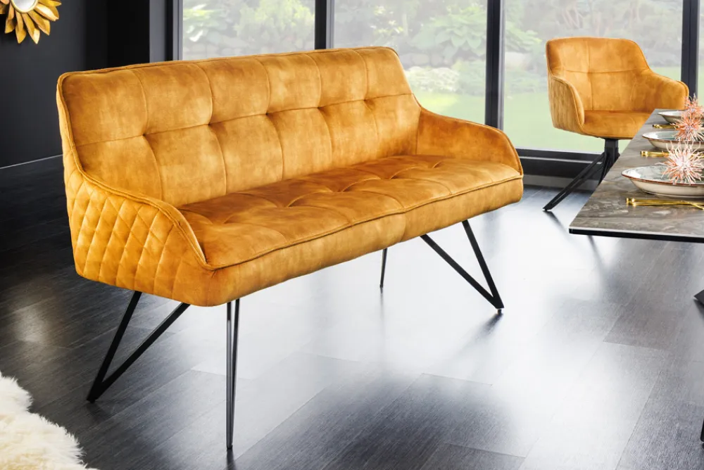 Riess-Ambiente Sitzbänke|Samt Möbel > Design Sitzbank EUPHORIA 160cm senfgelb Samt Retrostil Ziersteppung Hairpin Legs Metallbeine Armlehnen