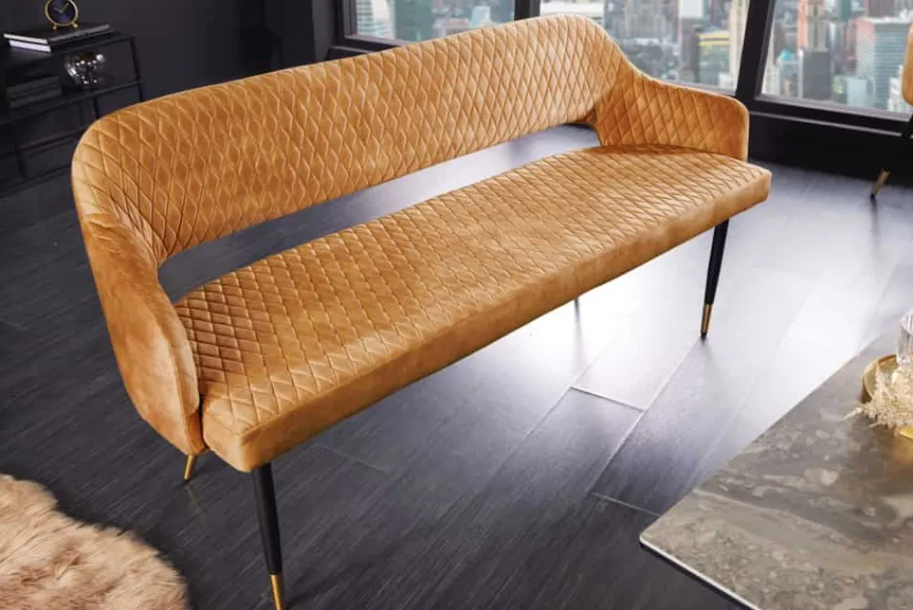 Riess-Ambiente Sitzbänke|Retro Möbel > Design Sitzbank PARIS 160cm senfgelb Samt Retro Rückenlehne
