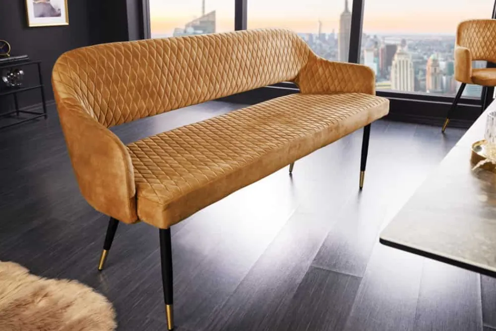 Riess-Ambiente Sitzbänke|Retro Möbel > Design Sitzbank PARIS 160cm senfgelb Samt Retro Rückenlehne