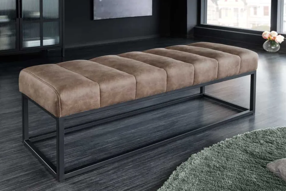 Riess-Ambiente Sitzbänke > Design Sitzbank PETIT BEAUTÉ 110cm vintage taupe Microfaser schwarzes Metallgestell