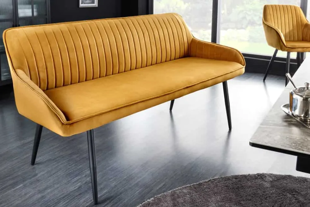 Riess-Ambiente Sitzbänke|Retro Möbel > Design Sitzbank TURIN 160cm senfgelb Samt schwarz Metallbeine Armlehne