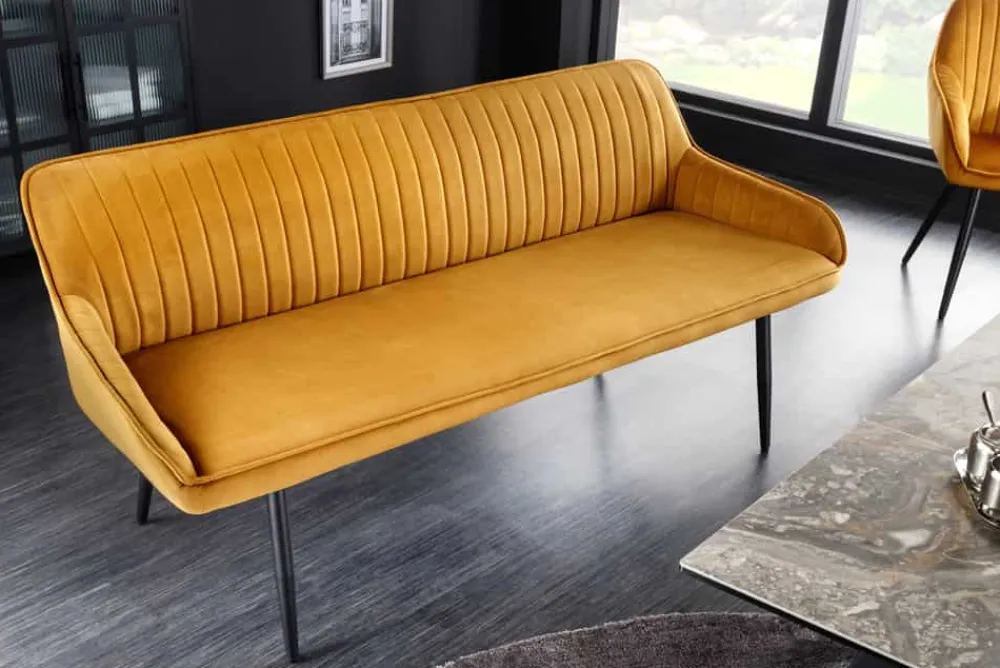 Riess-Ambiente Sitzbänke|Retro Möbel > Design Sitzbank TURIN 160cm senfgelb Samt schwarz Metallbeine Armlehne