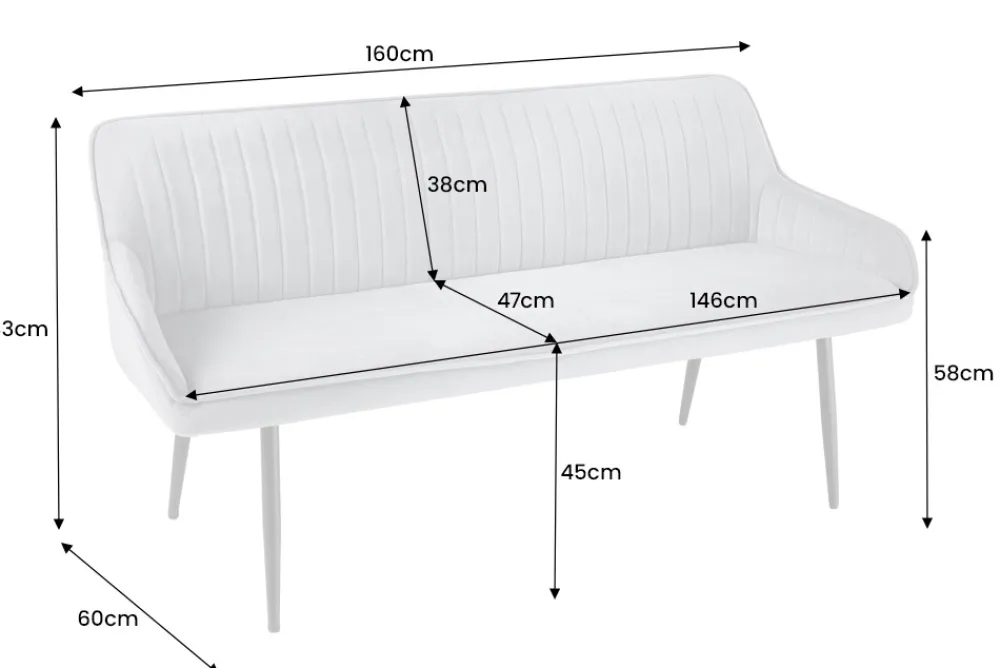 Riess-Ambiente Sitzbänke|Retro Möbel > Design Sitzbank TURIN 160cm silbergrau Samt schwarz Metall Armlehne