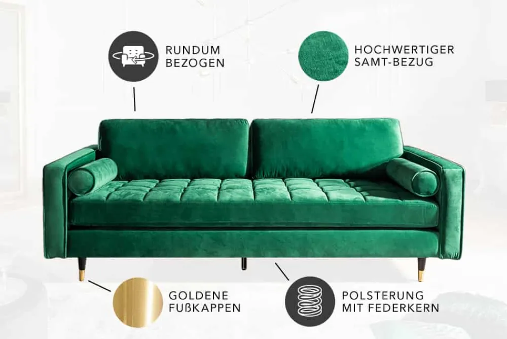 Riess-Ambiente Samt Möbel|3-Sitzer Sofa > Design 3-Sitzer Sofa COZY VELVET 220cm smaragdgrün Samt Federkern Lounge