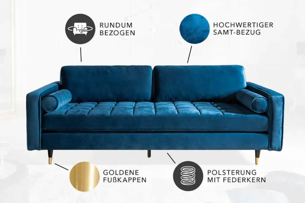 Riess-Ambiente Samt Möbel|3-Sitzer Sofa > Design 3-Sitzer Sofa COZY VELVET 220cm petrol blau Samt Federkern Lounge