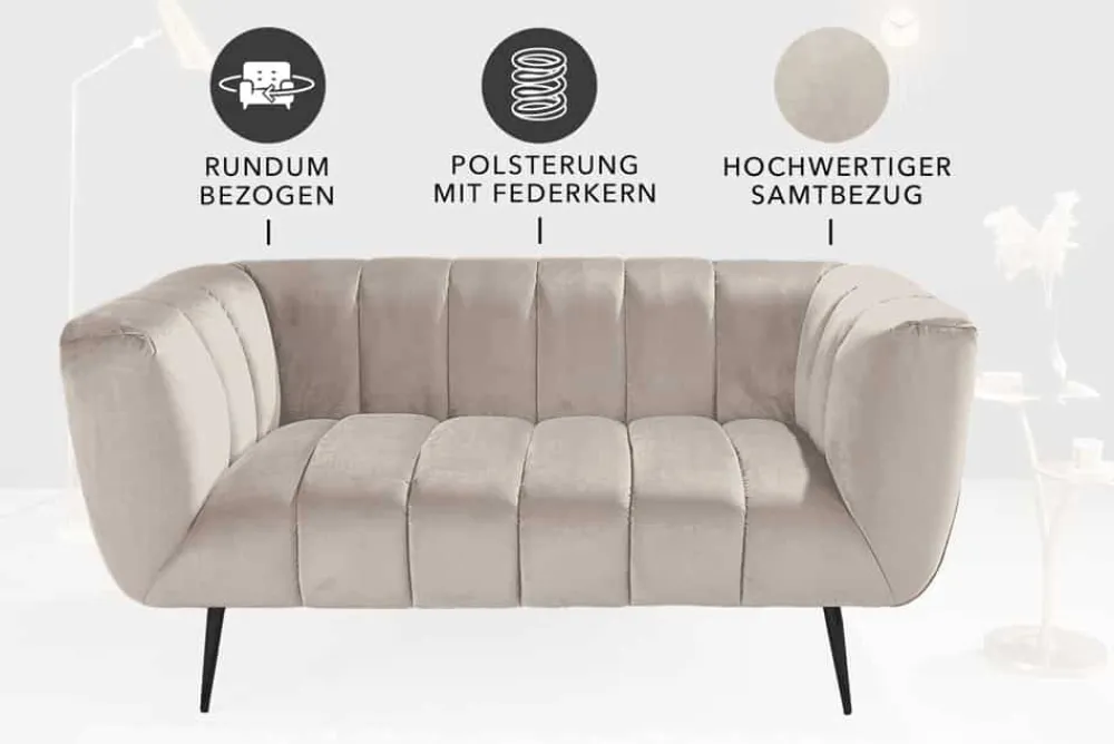Riess-Ambiente 2-Sitzer Sofa|Retro Möbel > Design 2-Sitzer Sofa NOBLESSE 165cm champagner Samt schwarze Metallfüße Federkern