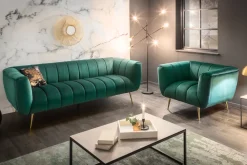 Riess-Ambiente Goldene Möbel|Samt Möbel > Design 3-Sitzer Sofa NOBLESSE 225cm smaragdgrün Samt Federkern goldene Metallfüße