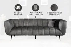 Riess-Ambiente Samt Möbel|Retro Möbel > Design 3-Sitzer Sofa NOBLESSE 225cm grau Samt Federkern schwarze Metallfüße