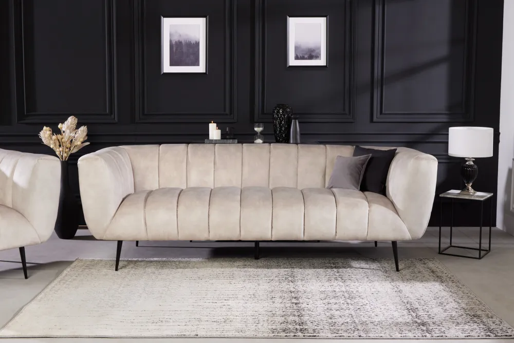 Riess-Ambiente Samt Möbel|Retro Möbel > Design 3-Sitzer Sofa NOBLESSE 225cm champagner beige Samt 3-Sitzer Federkern schwarze Metallfüße