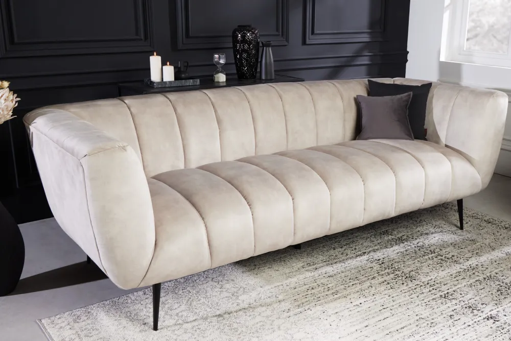 Riess-Ambiente Samt Möbel|Retro Möbel > Design 3-Sitzer Sofa NOBLESSE 225cm champagner beige Samt 3-Sitzer Federkern schwarze Metallfüße