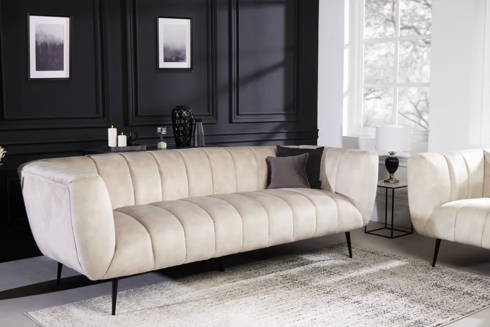 Riess-Ambiente Samt Möbel|Retro Möbel > Design 3-Sitzer Sofa NOBLESSE 225cm champagner beige Samt 3-Sitzer Federkern schwarze Metallfüße