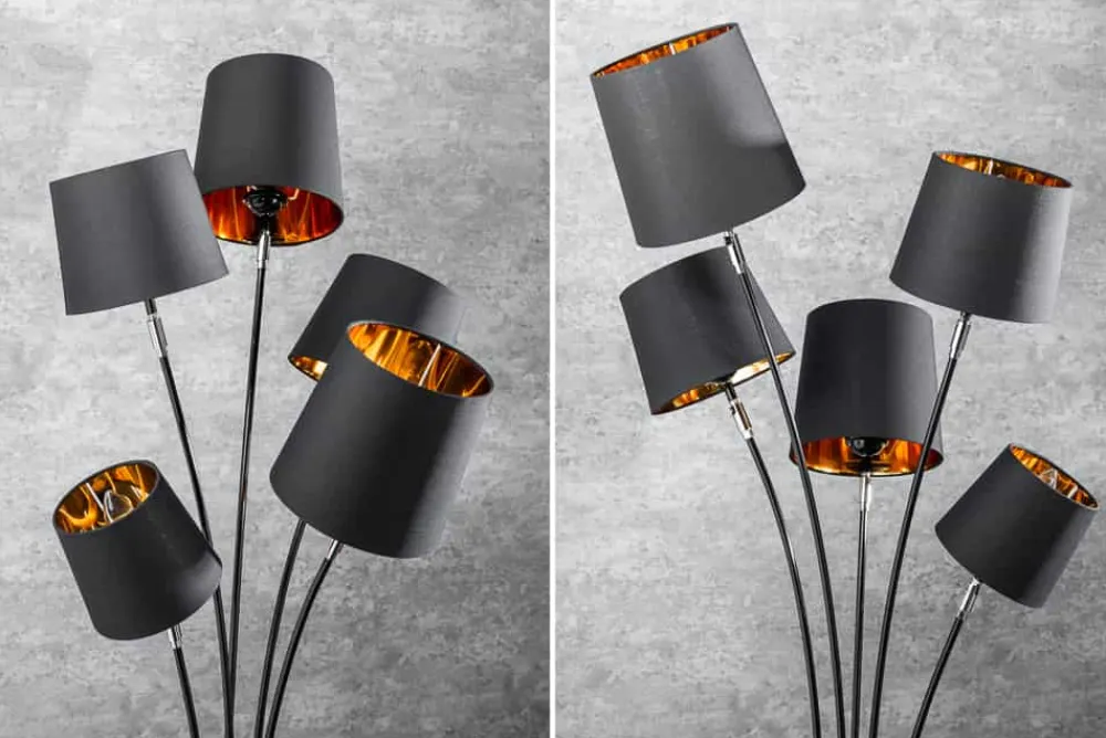 Riess-Ambiente Goldene Möbel|Retro Möbel > Design Stehlampe LEVELS 176cm mit 5 Leinenschirmen schwarz gold Stehleuchte
