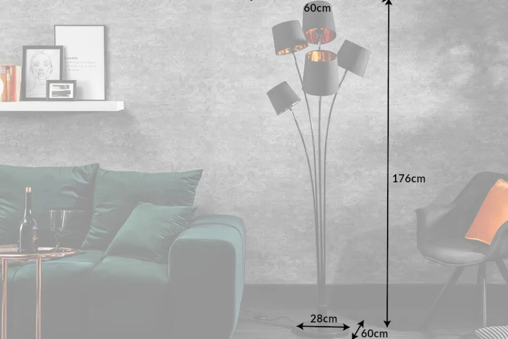 Riess-Ambiente Goldene Möbel|Retro Möbel > Design Stehlampe LEVELS 176cm mit 5 Leinenschirmen schwarz gold Stehleuchte