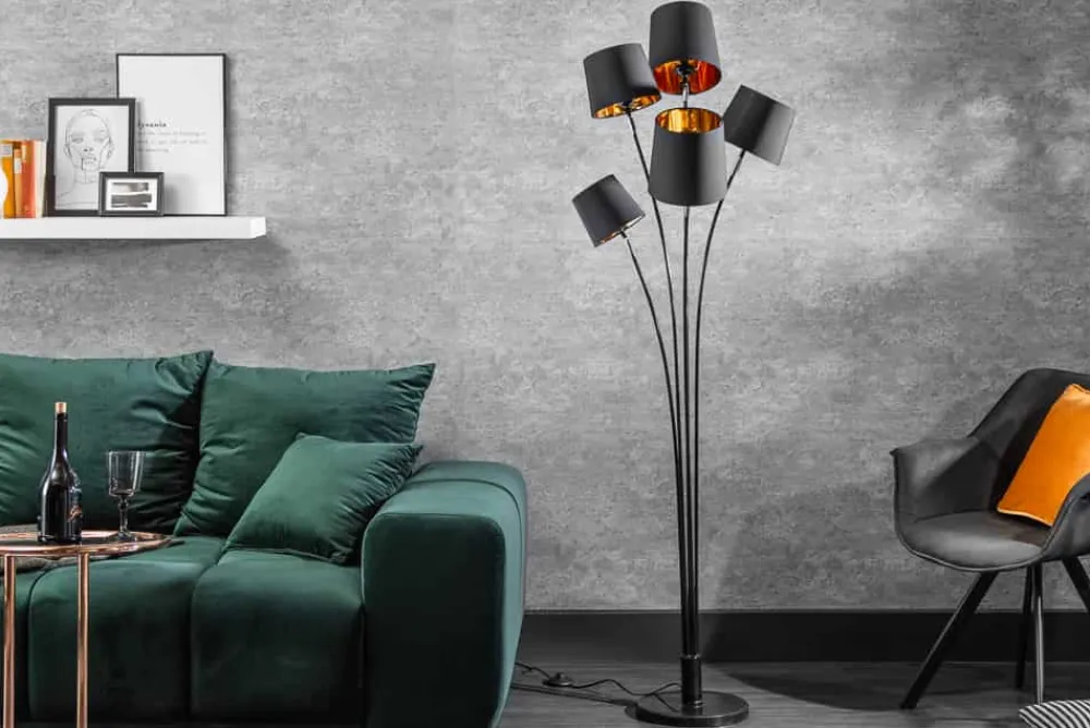 Riess-Ambiente Goldene Möbel|Retro Möbel > Design Stehlampe LEVELS 176cm mit 5 Leinenschirmen schwarz gold Stehleuchte