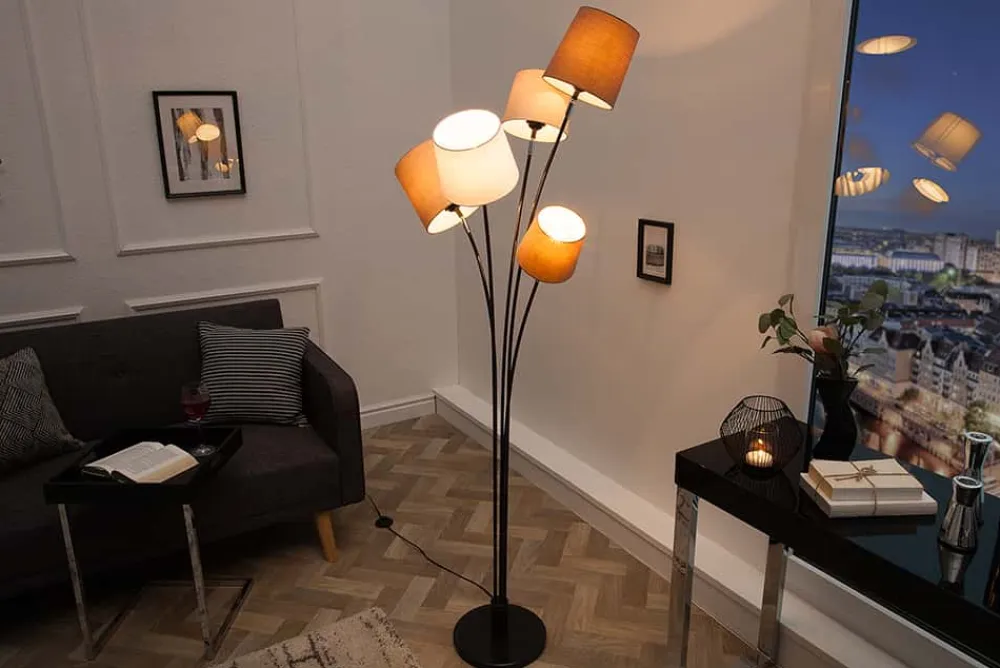 Riess-Ambiente Retro Möbel|Stehleuchten > Design Stehlampe LEVELS 176cm weiß beige braun mit 5 Leinenschirmen