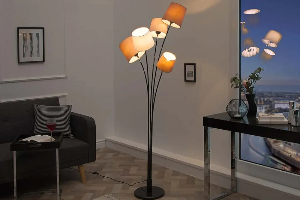 Riess-Ambiente Retro Möbel|Stehleuchten > Design Stehlampe LEVELS 176cm weiß beige braun mit 5 Leinenschirmen