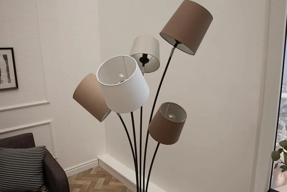 Riess-Ambiente Retro Möbel|Stehleuchten > Design Stehlampe LEVELS 176cm weiß beige braun mit 5 Leinenschirmen