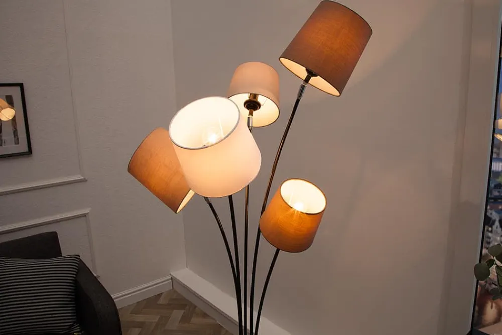 Riess-Ambiente Retro Möbel|Stehleuchten > Design Stehlampe LEVELS 176cm weiß beige braun mit 5 Leinenschirmen