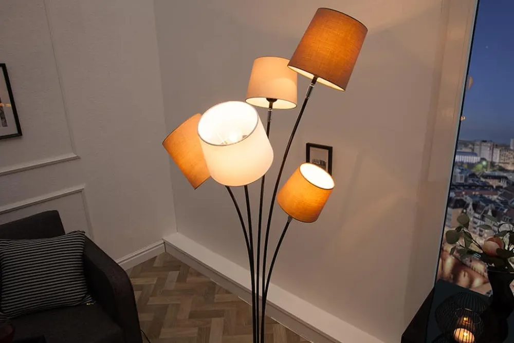 Riess-Ambiente Retro Möbel|Stehleuchten > Design Stehlampe LEVELS 176cm weiß beige braun mit 5 Leinenschirmen