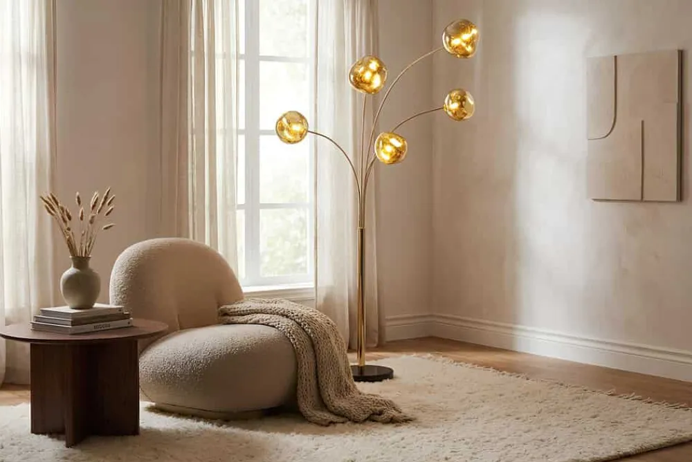 Riess-Ambiente Goldene Möbel|Stehleuchten > Design Stehlampe LIQUID DIAMOND 200cm gold fünf Glasschirme mit Marmorfuß