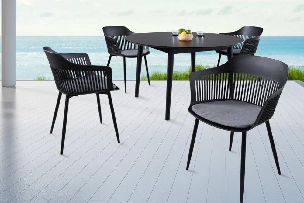 Riess-Ambiente Skandinavisch|Retro Möbel > Design Stuhl AIRE schwarz Kunststoff Stahlgestell Indoor Outdoor inkl. Kissen