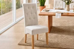 Riess-Ambiente Stühle > Design Stuhl CASA beige Bouclé Tweed Soft Massivholzbeine Zierknöpfe und Nackenrolle
