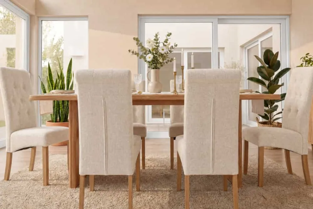 Riess-Ambiente Stühle > Design Stuhl CASA beige Bouclé Tweed Soft Massivholzbeine Zierknöpfe und Nackenrolle