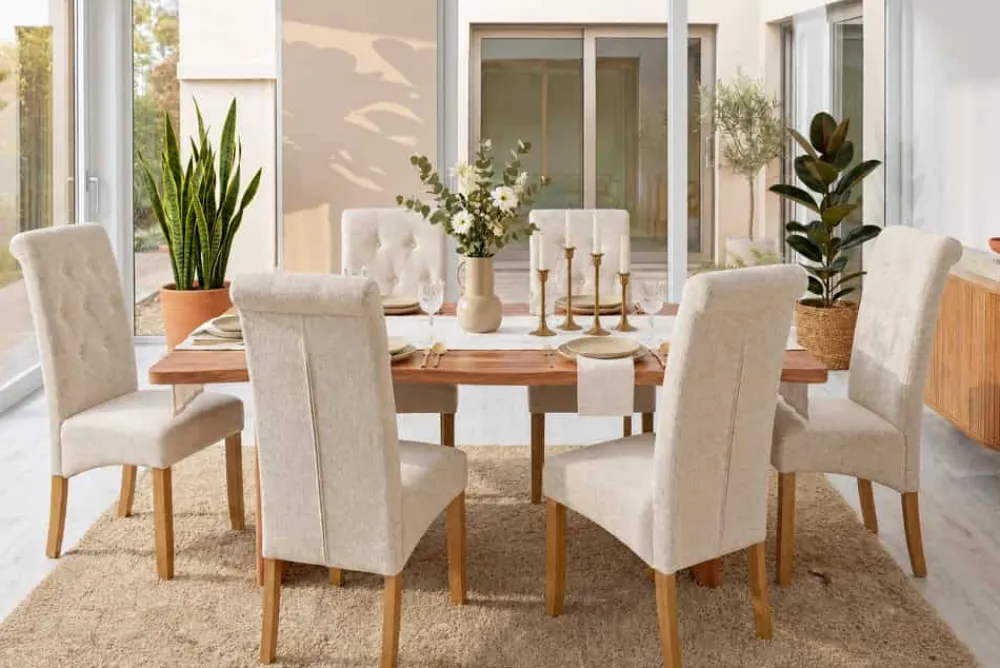 Riess-Ambiente Stühle > Design Stuhl CASA beige Bouclé Tweed Soft Massivholzbeine Zierknöpfe und Nackenrolle